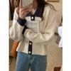 Autumn and winter retro lapel color contrasting thickened knitted cardigan women's short long-sleeved lazy loose polo neck sweater jacket