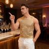 Colete Brilhante Masculino com Strass Gola Redonda Sem Mangas Camisa Transparente Sexy Regata para Festival de Música Rave Boate Bar Festa