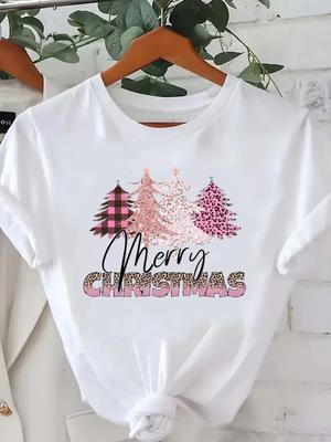 (Asian Size) Sweet Lovely Tree Short Sleeve T-shirts  Print Merry Christmas O-neck Women's Top New Year T Clothing Fashion Holiday Graphic Tee
