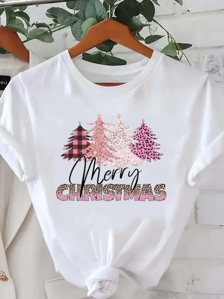 (Asian Size) Watercolor Cute 90s Short Sleeve T-shirts  Print Merry Christmas O-neck Women's Top New Year T Clothing Fashion Holiday Graphic Tee