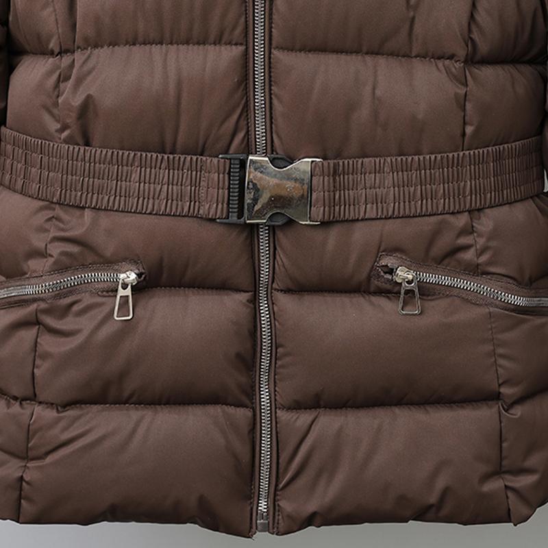 Mote Vinterkåpe Dame Parkas Hette Fuskepelskrage Tykk Varm Damejakker Med Belte