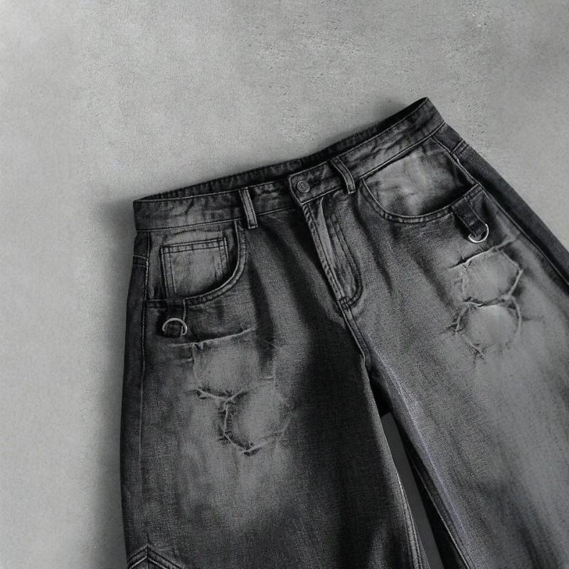 Mens Relaxed Fit Straight Leg Denim Jeans With Vintage Wash Black To Gray Gradient Design