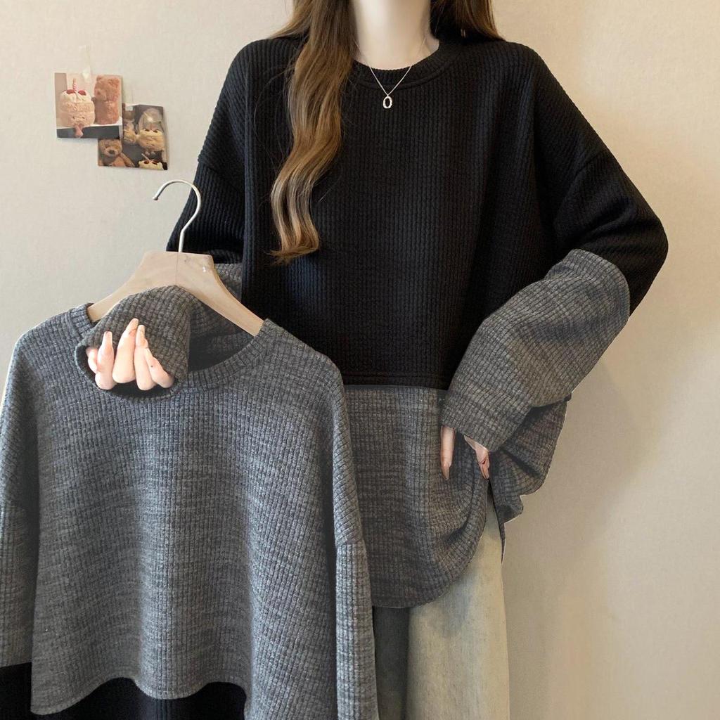 Women's Pullover Sweatshirt  Patchwork Contrasting Color Mid Length Autumn and Winter Loose Lazy Top Base Shirt