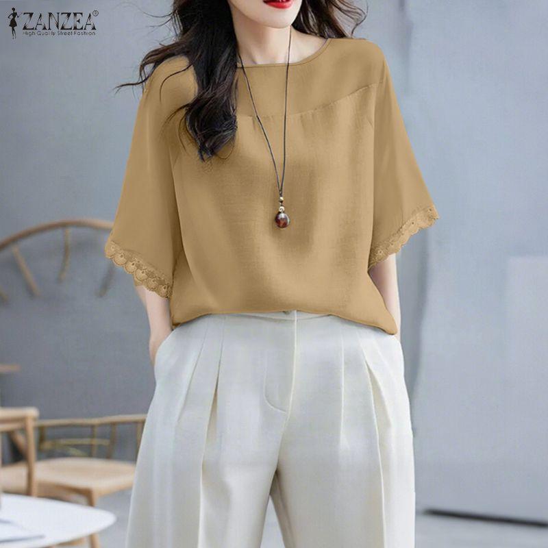 ZANZEA Women Casual Round Neck Summer Short Sleeve Loose Blouse