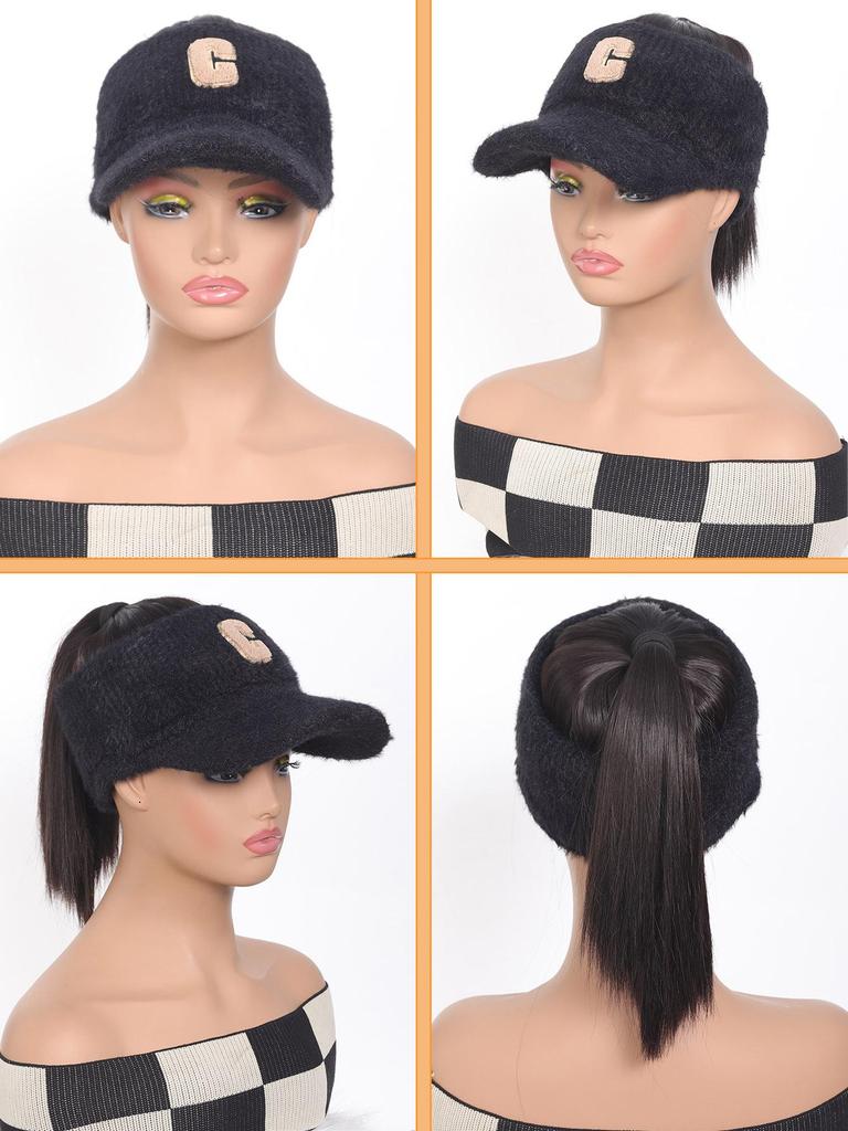 Synthetic Natural Straight Hair Ponytail Extension Wig Black Plush Shade Baseball Cap All-in-one Easy To Wear Hat Wig