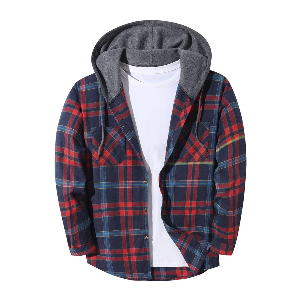 Men's Flannel Plaid Button-Up Shirt Jacket with Hood for Casual Outdoor Wear