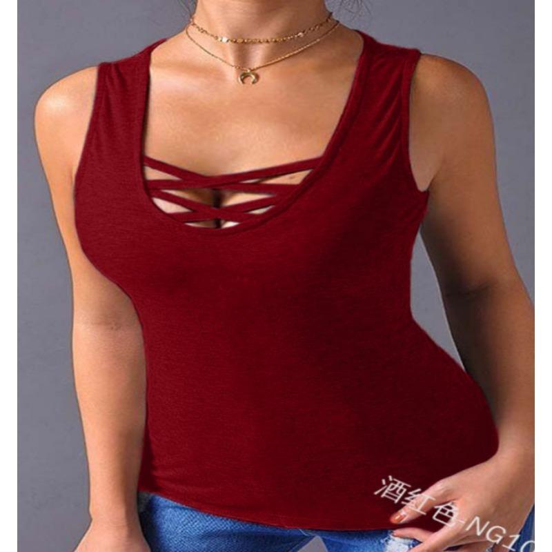 Canotta Casual da Donna Scollo a U Incrociato Davanti Taglio Cutout Senza Maniche Vestibilità Slim Monocolore Elasticizzata Disponibile in Quattro Colori