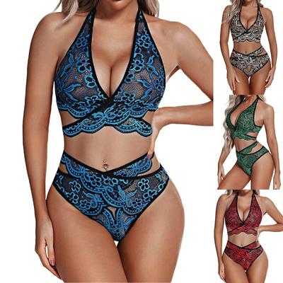 Ensemble de lingerie sexy pour femme, soutien-gorge et string en dentelle brodée, lingerie en maille transparente et sexy