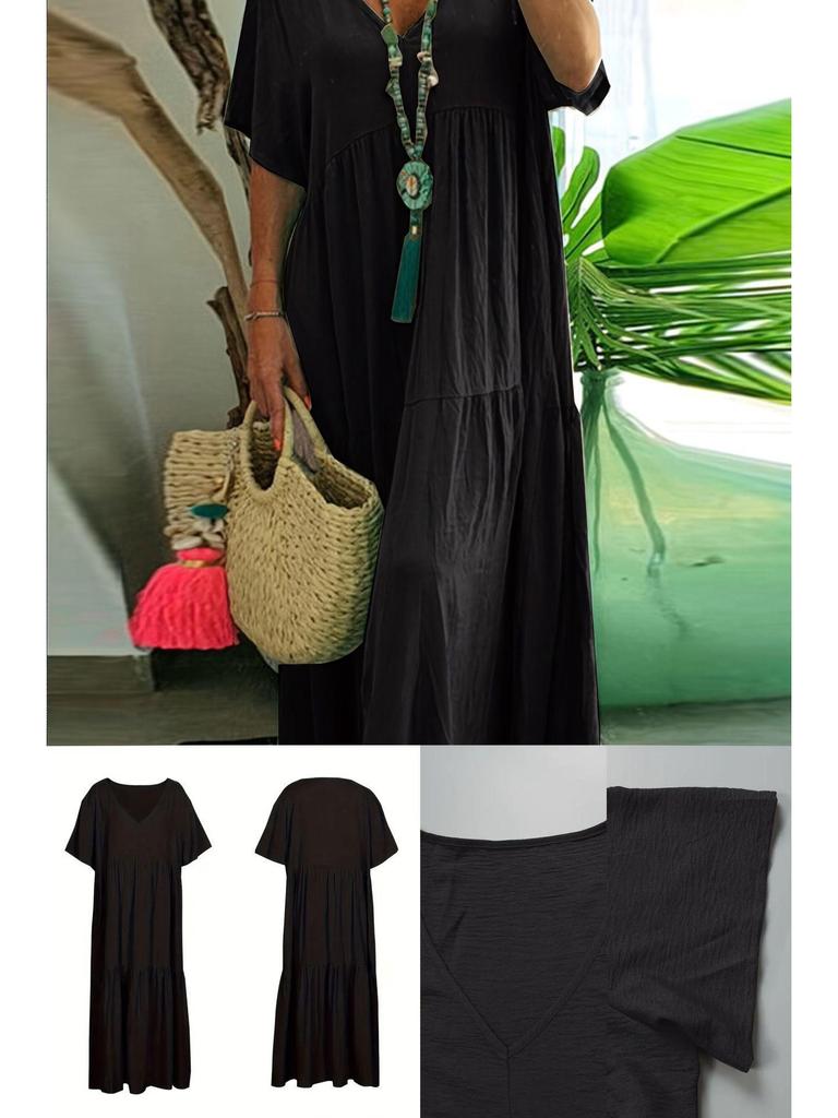 2025 Sommer Damen Einfarbig Locker Kurzarm Schwingkleid