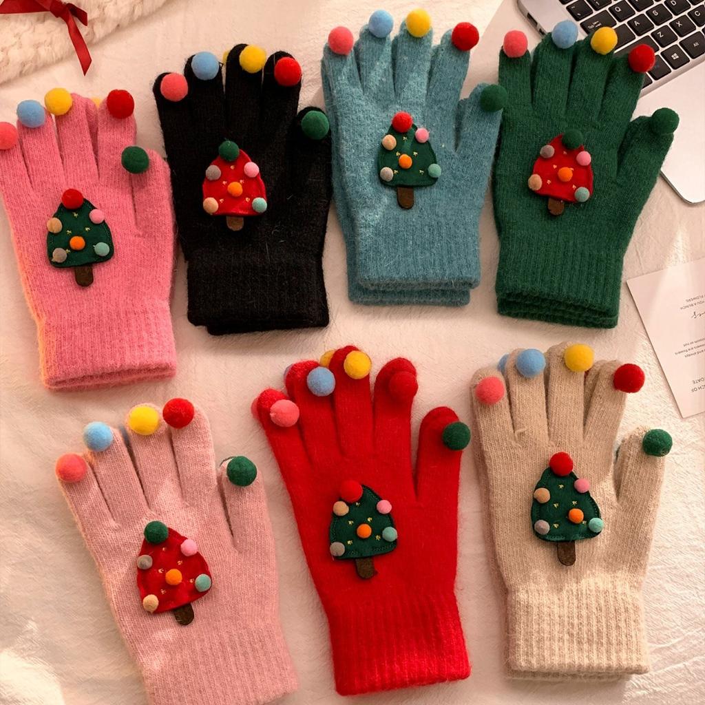 Cute Creative Red Christmas Tree Knitted Gloves for Women Winter Five Finger Warm Plush Windproof and Cold Proof Cycling Christmas