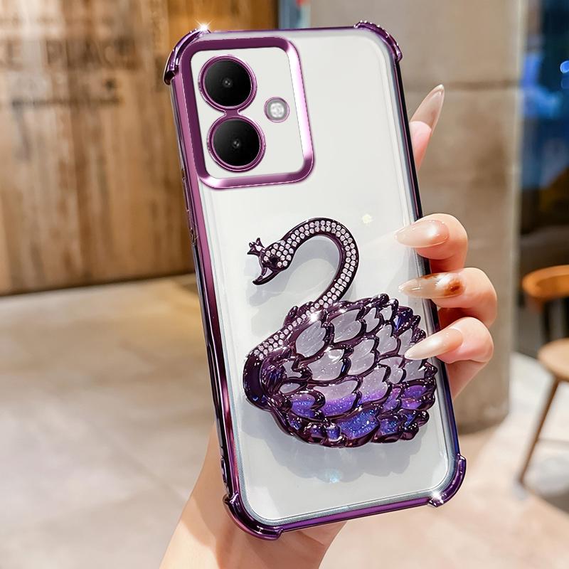 KEYSION Shockproof Plating TPU Phone Case for TECNO Spark Go 2 Pop 10 Glitter Jewelled Swan Kickstand Cover for Infinix Smart 10