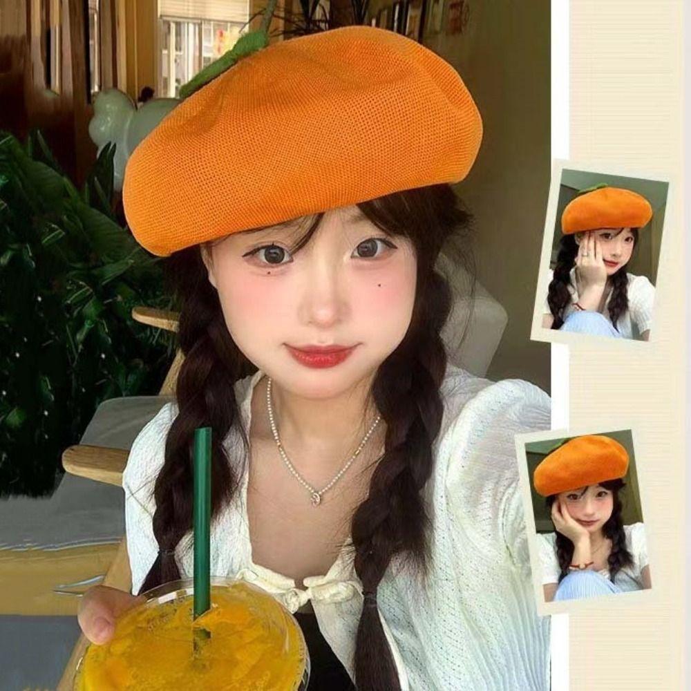 Pink Peach Beret Fruit Caps Little Leaf Beanie Beret Cap Japanese Girl Painter Hat  Female Lady