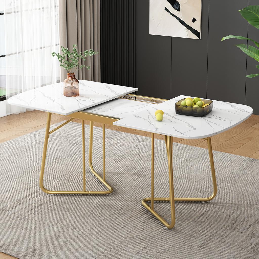 White Extendable Dining Table with Marble Structure, Gilded Metal Table Legs, 140/180*80 Cm, Exquisite Luxury, Rectangular, Suitable for 4–6 Persons