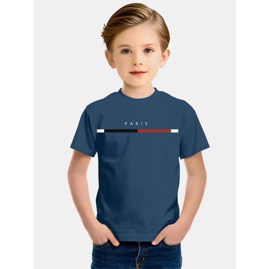 Boys' T-Shirt Simple Paris Letter Print Summer Short Sleeve Tees Loose Fashion Round Neck Tops Stripe Streetwear Kids Clothing