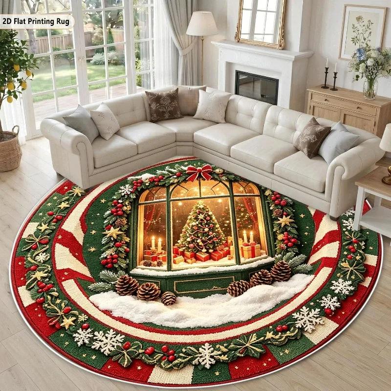 Round Area Rug 2D Flat Christmas Ball Pattern Carpet Flannel Soft Fluffy Cozy Living Room Table Floor Pad Decor