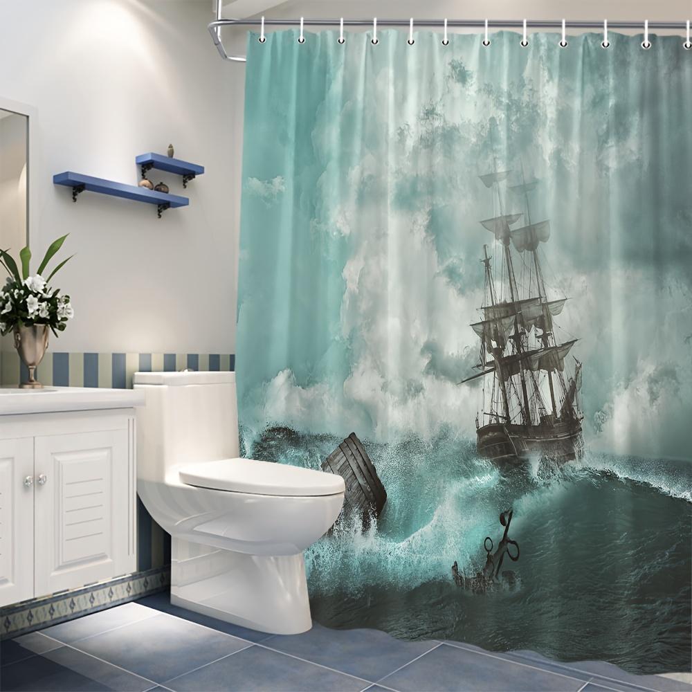 1Pc Wave Boat Pattern Shower Curtain, Bathroom Partition Curtain With Hook, Bathroom Accessories, Bathroom Decoration