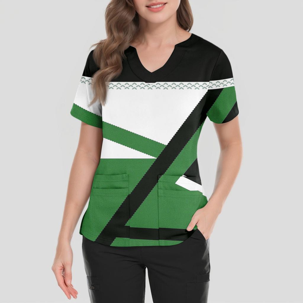 Women's Loose Short Sleeved Fashionable Square Printing V-neck Buttonable Side Slit Top T-shirt