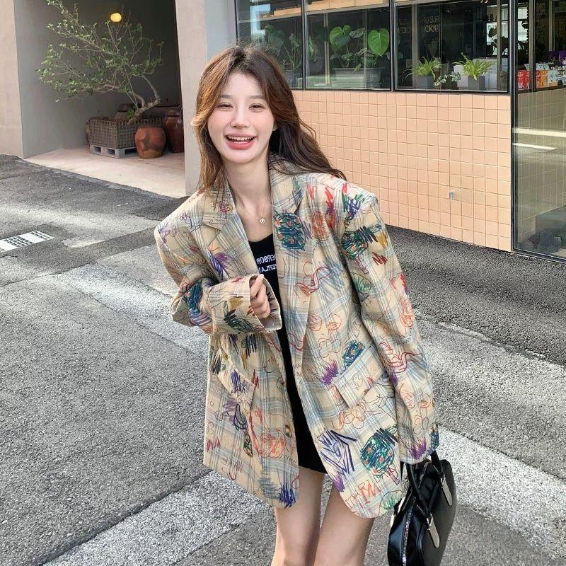 Schicke kleine Anzugjacke mit Graffiti-Print für Damen im Herbst, koreanischer Stil, lässige Straßenmode, perfekt für zierliche Figuren XL