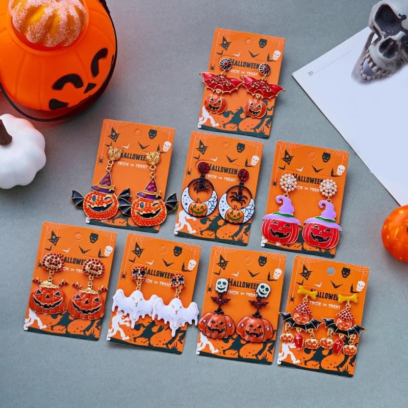 Halloween Party Earrings, Stud Top Drop Pair with Enamel Style Finish for Photo Looks, Fall Gatherings, and Dress Up