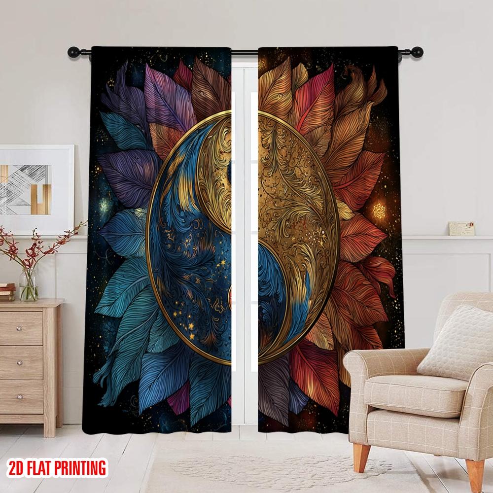 2pcs 2D Flat Printing Scene Curtain Yin Yang Feathers Cosmic Digital Printed Polyester Drapes Holiday Decorations for Holiday