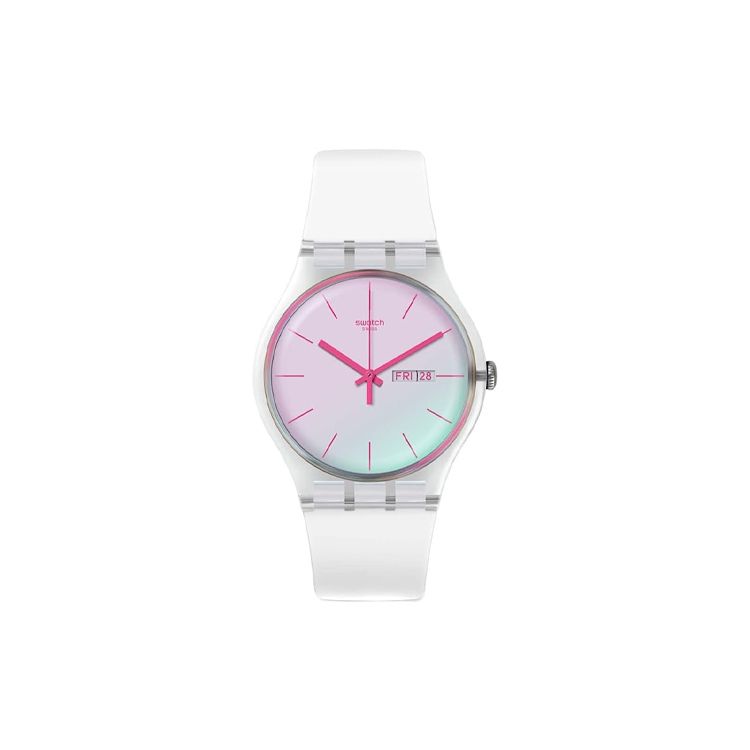 

Swatch Quartz Movement 30M Water Resistant Watch 41Mm Pink Dial Bio-Based Material Case Silicone Strap Unisex watches SO29K704-S14 Pink
