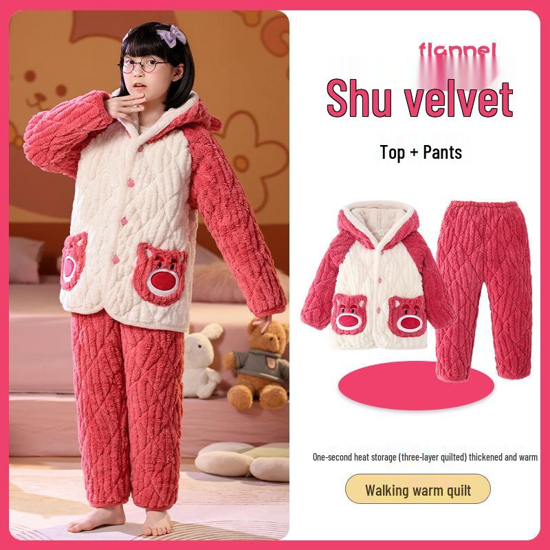 Winter Kids' Flannel Pajamas: Boys & Girls Coral Fleece, Velvet-Lined, Three-Layer Quilted Parent-Child Sleepwear