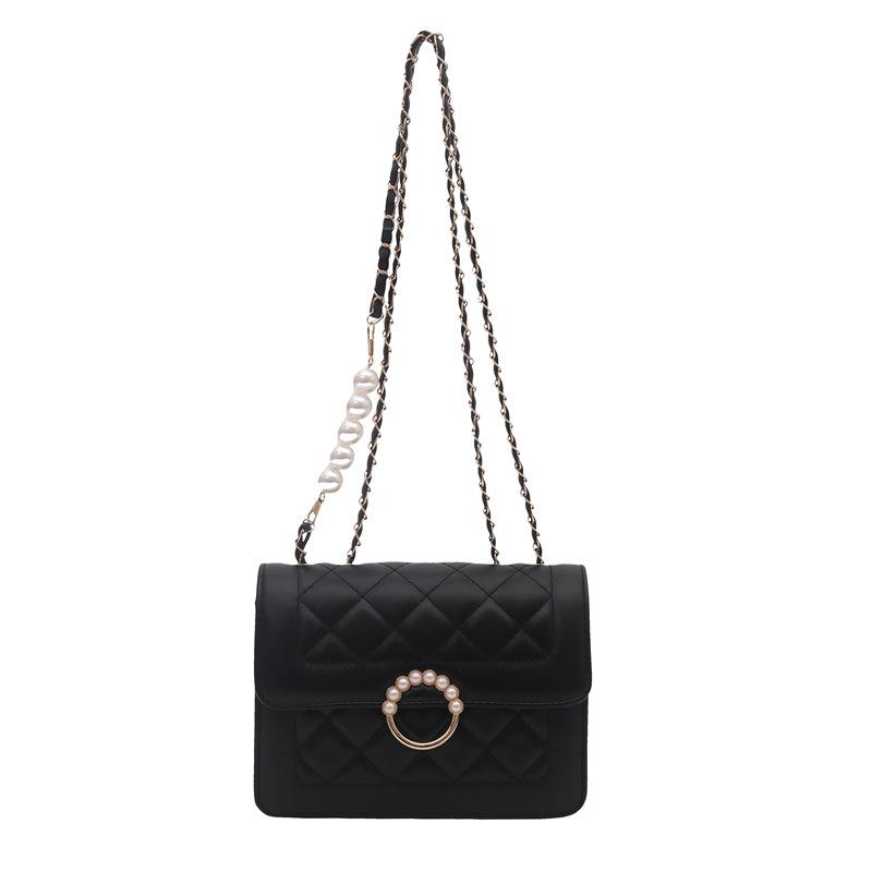 Women Korean Style Plaid Chain Pearl Small Square Shoulder Crossbody Bag