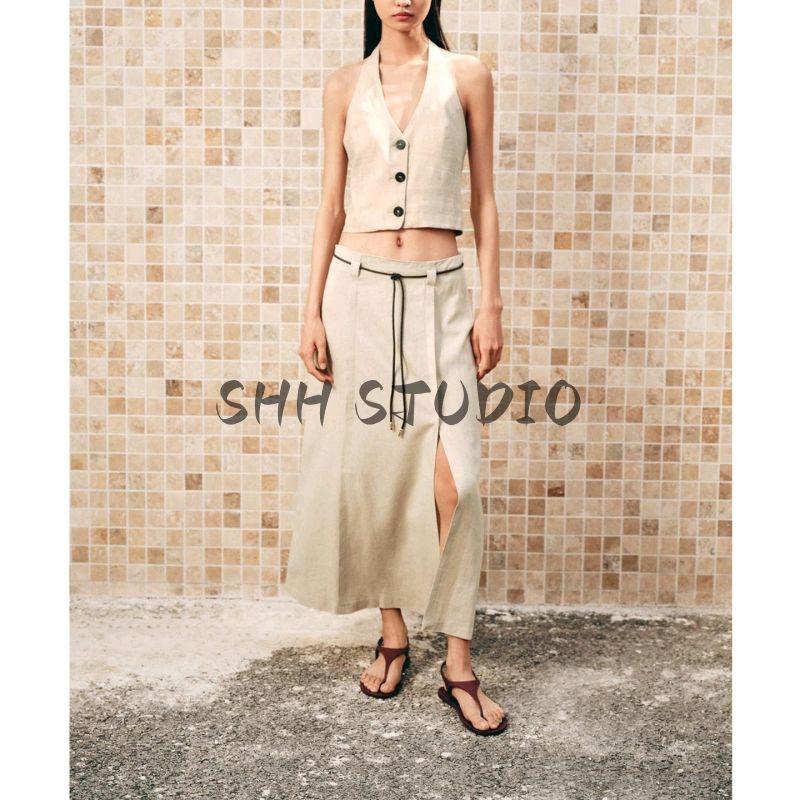 Linen Blend Hanging Collar Top 3207939 8118350 High Waist Skirts 2153939 8116350