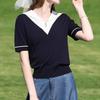 Simple Sense of Design, Commuter Summer French Contrasting Color Splicing Pullover, Fashionable Temperament, Short-sleeved Bottoming Shirt