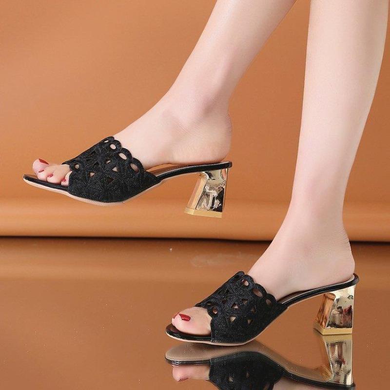 Embroidered Heeled Sandals Outside Slides Pvc 2025 Trend Slip-resistant Shoes for Women Elegant and Fashionable Woman Slippers