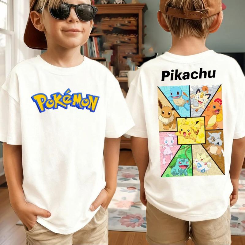 New Anime Pokemon Cosplay T Shirt Pure Cotton Short Sleeve Retro Loose Casual Family Matching Outfits For Men Women Kids