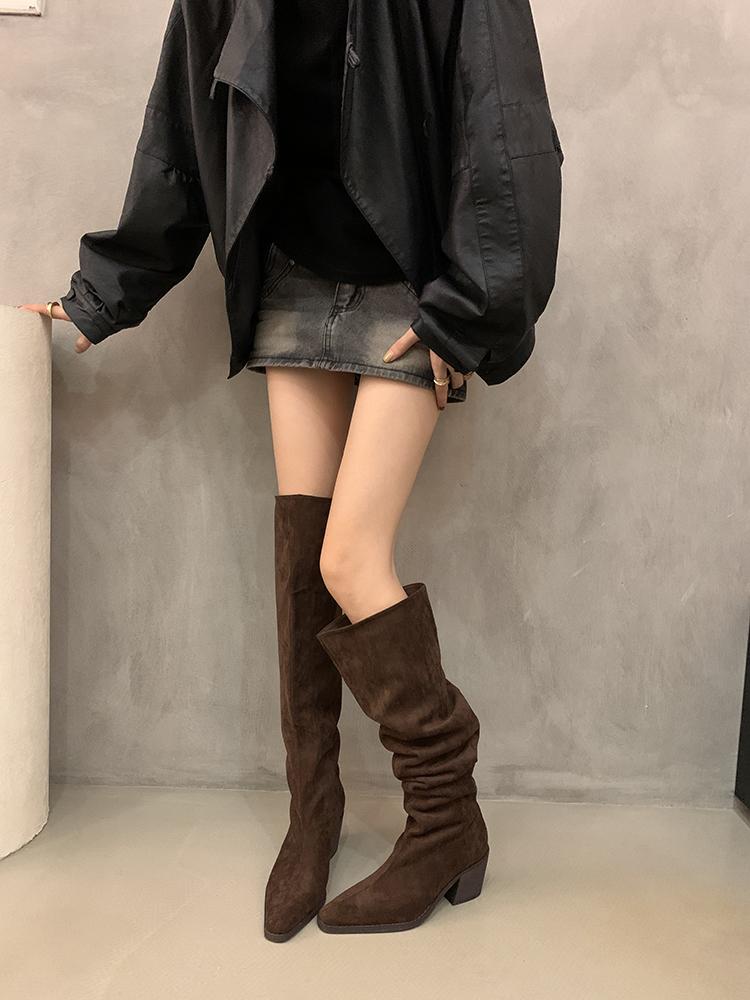 Pile Boots Vintage Suede Khaki Boots Over Knee Boots Women's Boots French Autumn Skinny Boots Thick Heel High Boots