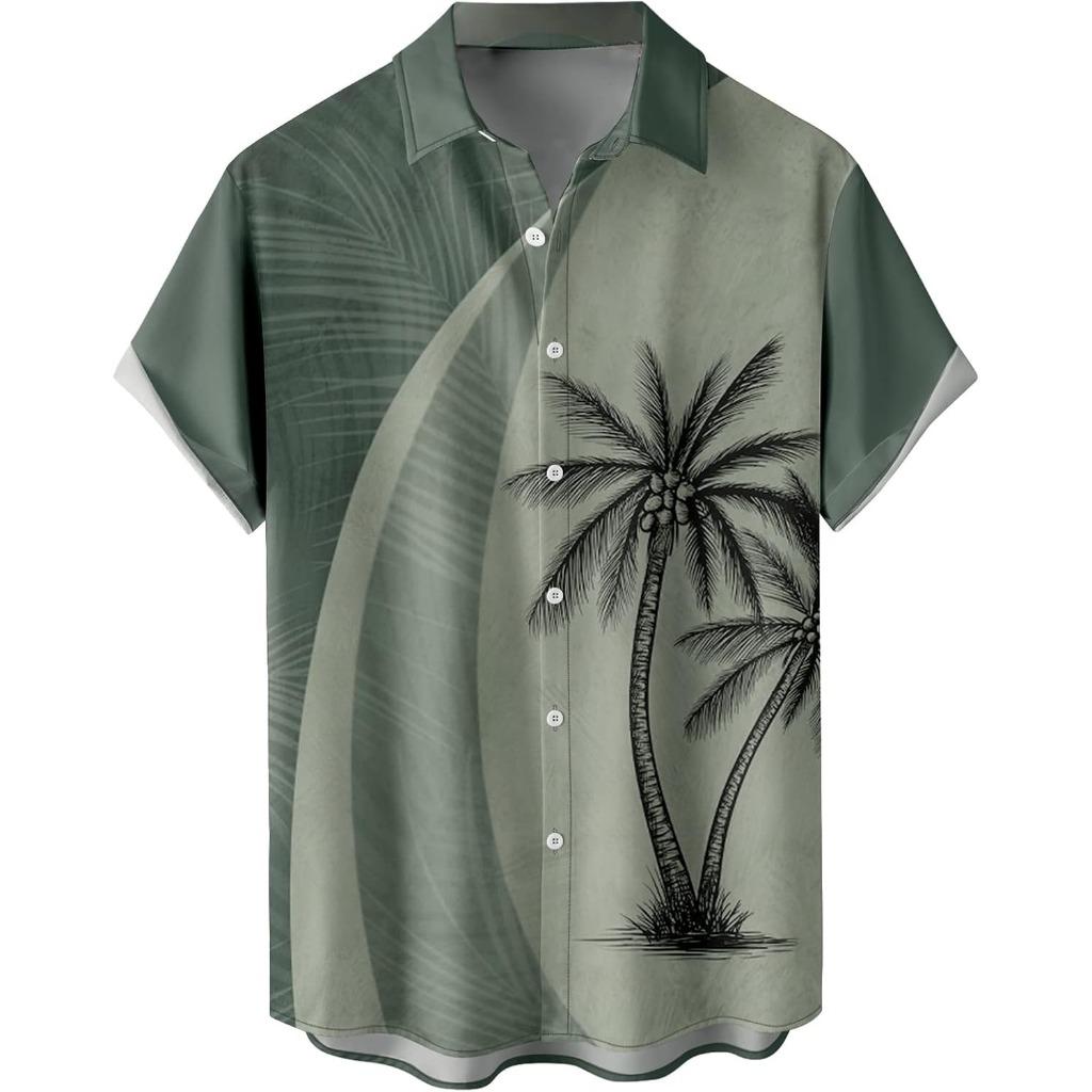 Summer Men's Gradient Sketch Coconut Tree 3D Print Shirt, Retro Hawaiian Tropical Quick-Drying Loose Aloha Shirt