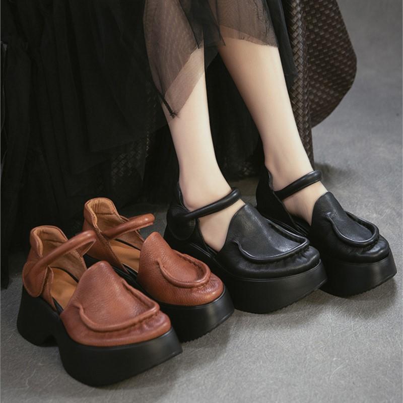 Johnature Sandales en Cuir Véritable à Semelles Épaisses Bout Rond Rétro Talon Épais Chaussures Plateformes pour Femmes