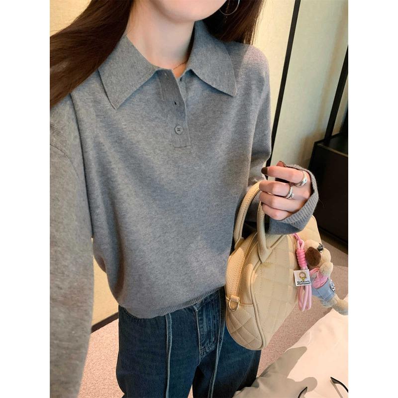 College Style Polo Neck Sweater Front Shoulder Long Sleeve Knitted Sweater Autumn Niche Fashionable Temperament Age-reducing Bottoming Top Women