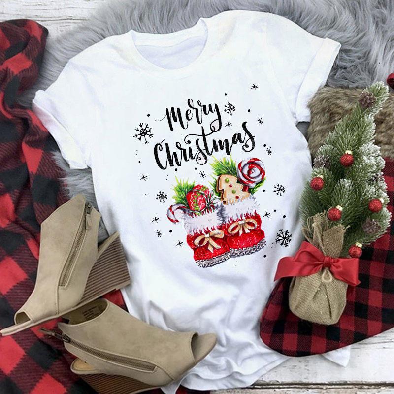Women's Crew Neck Short Sleeve Graphic Print Christmas T-Shirts Loose Fit Casual Tees