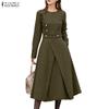 ZANZEA Women Casual Round Neck Autumn Long Sleeve Dress