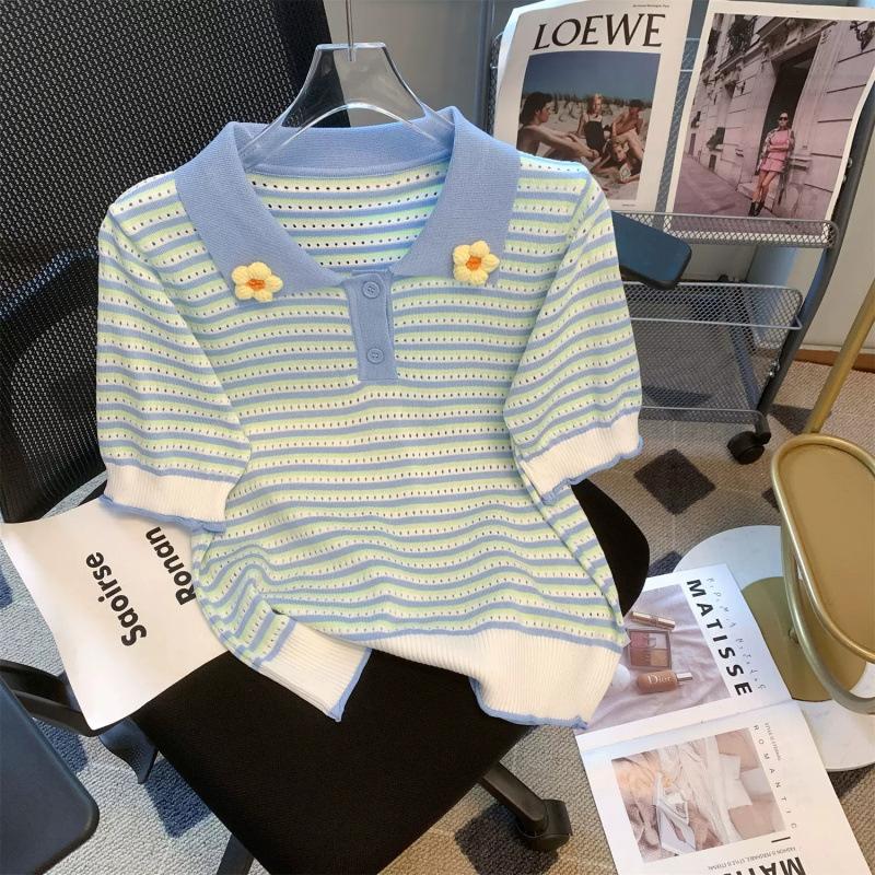 Summer Girls Thin Wool Knit Polo Shirt Hollow Out Short Sleeve Top For Big Kids 120
