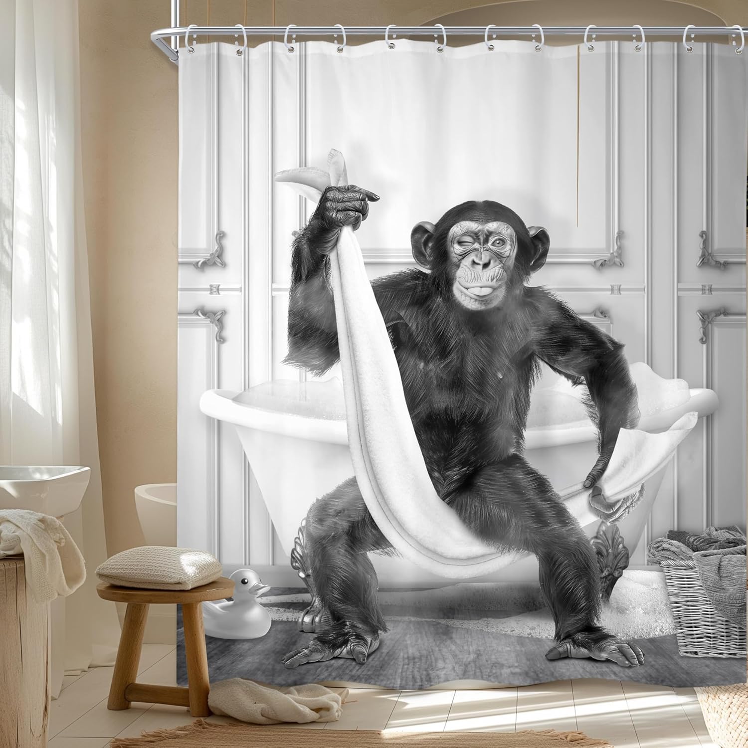 Funny Monkey Shower Curtain 60Wx72L Inch Chimpanzee Black White Animal Wildlife Boys Men Cute Modern Bathroom Set Hilarious Cool 90x180cm