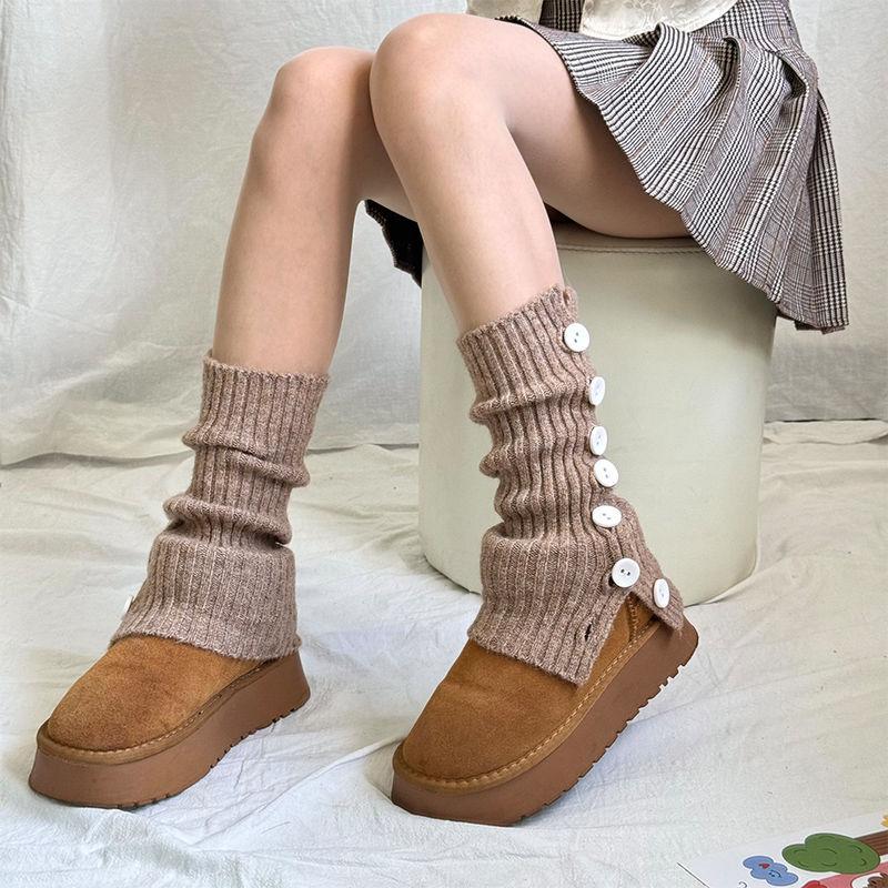 Autumn And Winter Side Split Buttons Stacked Socks Cover Women'S Knitted Warm Slightly Wide Legs Middle Tube Pit Strip Thin Calf Cover