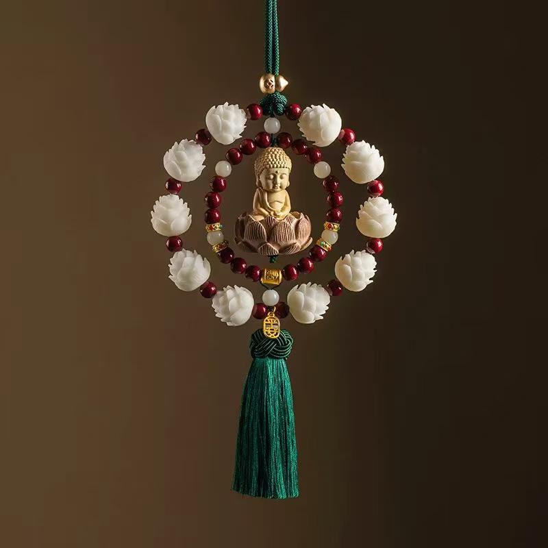 Lotus Boxwood Bead Buddha Pendant: Premium Rearview Mirror Car Interior Ornament