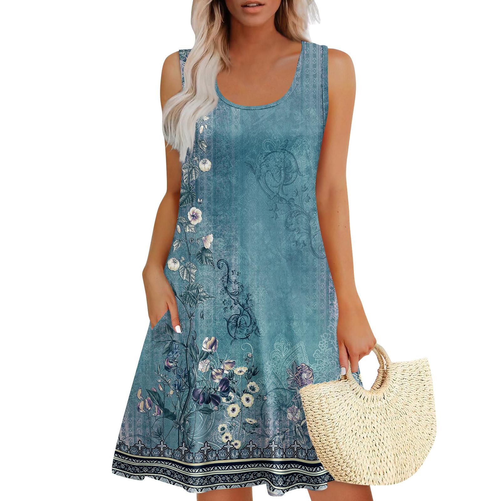 

Женские летние платья, свободные сарафаны без рукавов с U-образным вырезом и карманами XL небесно-голубой