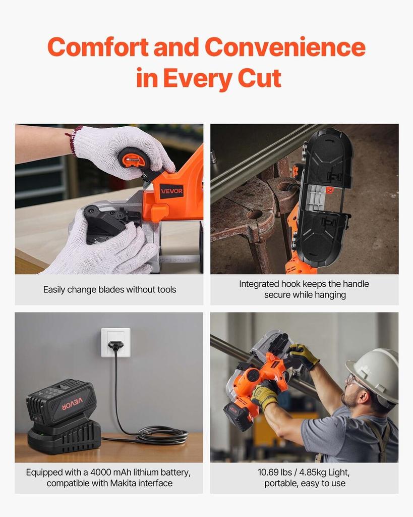 20V Portable Band Saw Kit, 65 X 65 Mm Cutting Depth, AC 220V, 360W Bandsaw with Brushless Motor, 4.0 Ah Battery, Cordless and Compact Portaband, 0-192
