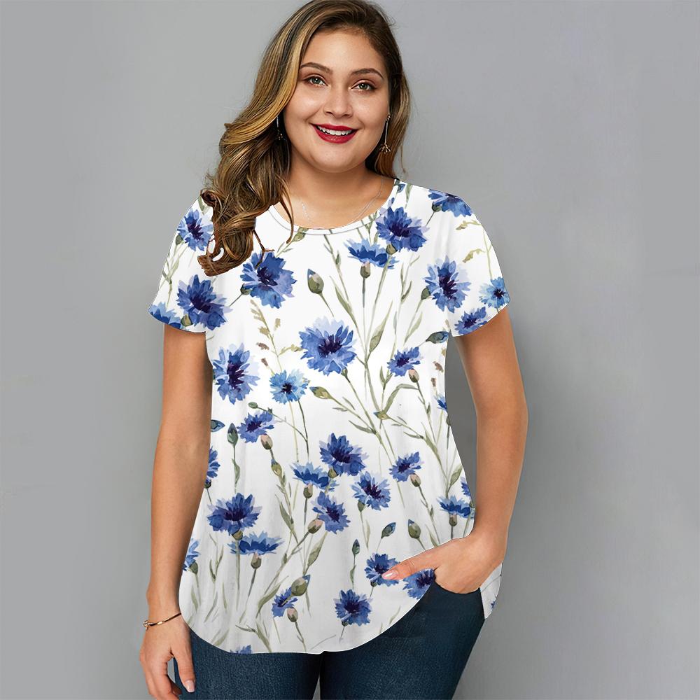 Summer Round Neck Floral Graphic 3D Print Top Fashionable Casual Short Sleeved Plus Size Women's T-shirts