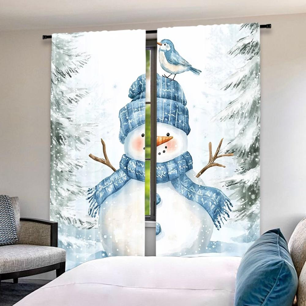 2pcs 2D Flat Printing Christmas Party Curtain Blue Snowman and Bird 100% Polyester Fabric Without Electricity Birthday Party for