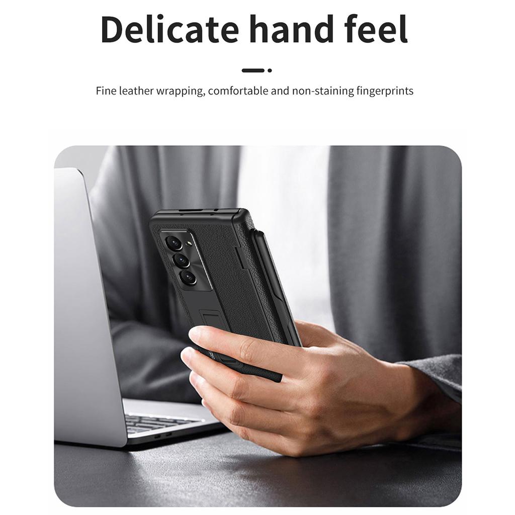 Für Samsung Galaxy Z Fold6 5G Ständerhülle Leder+PC Handyhülle mit Stift und gehärteter Glasfolie