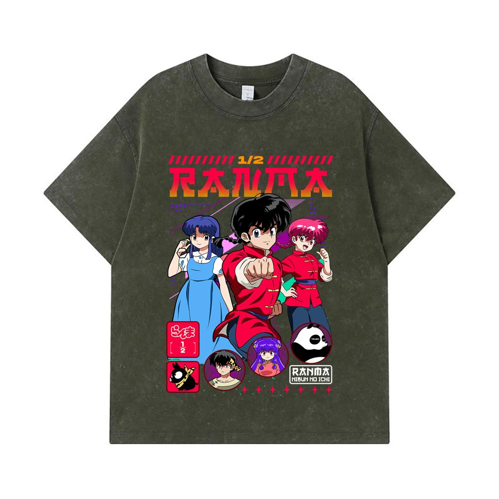 

275 GSM Washed T-shirts 100% Cotton Ranma 12 V5 Print Unisex Heavy Cotton T Shirt S