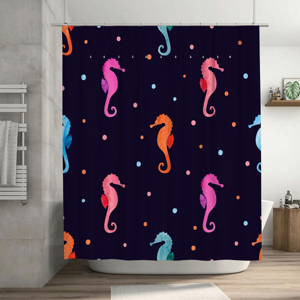Seaside Octopus Shower Curtain Bath Decoration Fabric Watercolor Print Purple Blue Green Plaid Design Waterproof Bathroom Liner