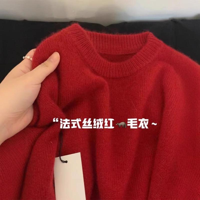 New Autumn and Winter Natal Red Soft Waxy Sweater Loose Lazy Style Cashmere Backing Thickened Knitted Sweater Pullover