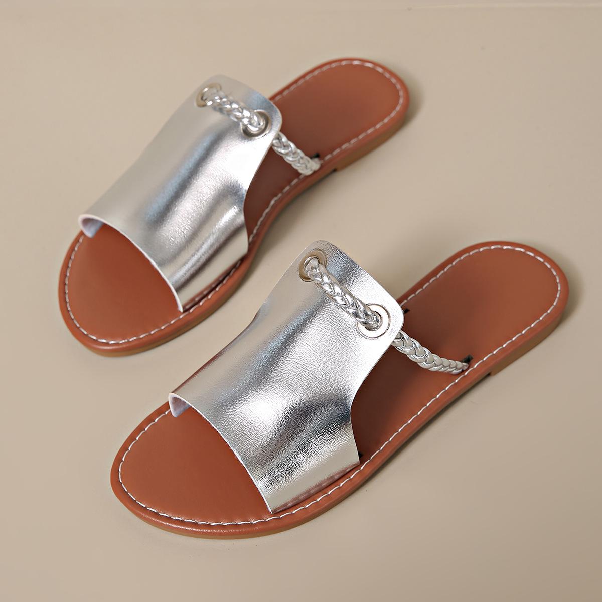 

2024 Летние пляжные шлепанцы большого размера для женщин, тканые, однотонные 36 серебряный